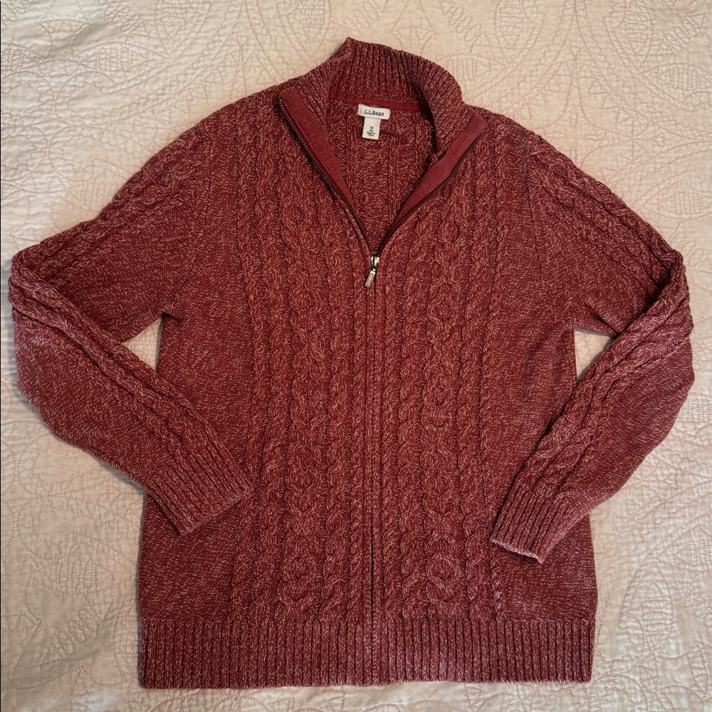 L.L. Bean Maroon Cable Knit Zip Up Sweater
